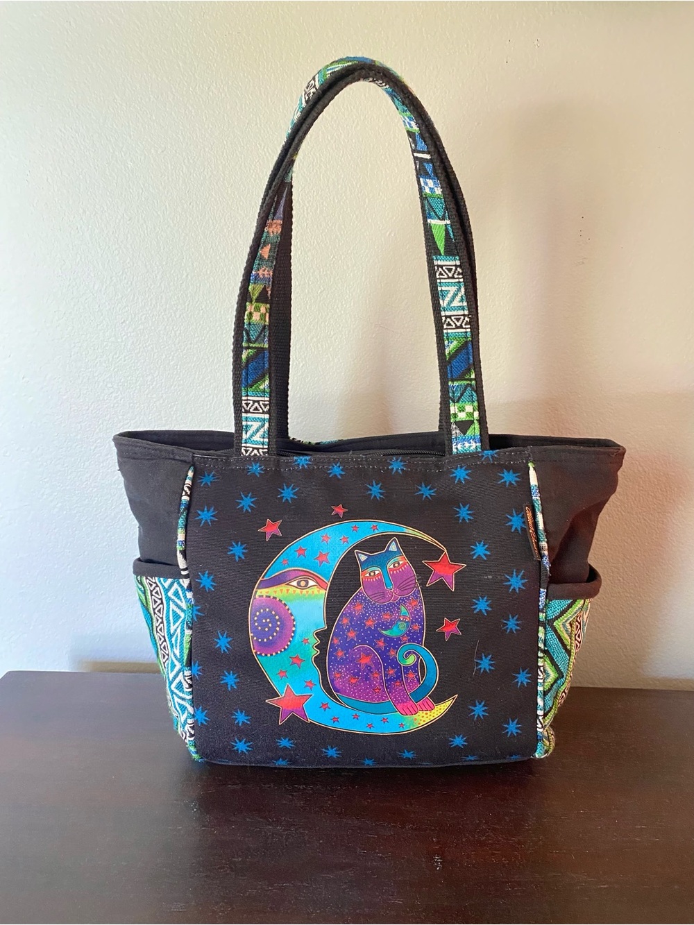 Laurel Burch Moonside Cat Celestial Medium Canvas Tote Bag